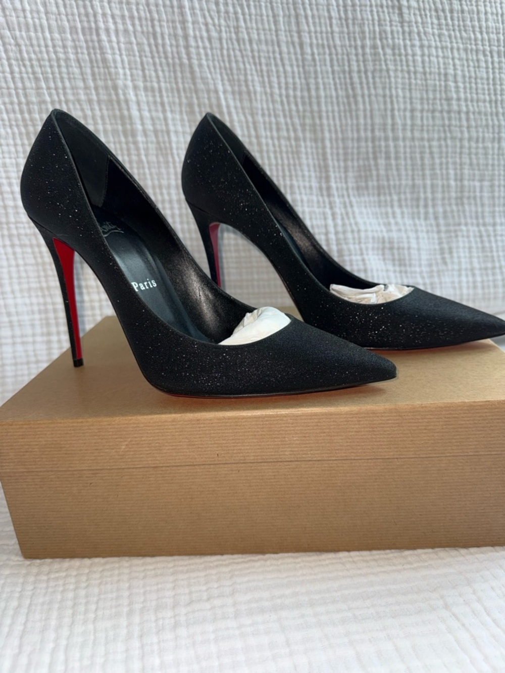 Christian Louboutin Kate 100 Black Glitter Pumps 39.5 Red Bottom Heels